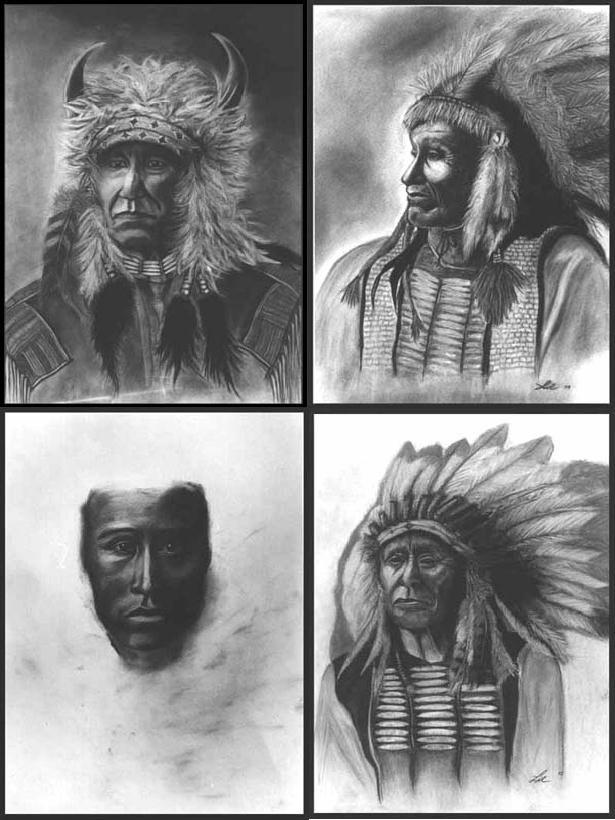 L.L. Lystne charcoal drawings: Blue Buffalo, Cheyenne 1911 / American Horse, Wasechum Tashunka, Oglala Sioux Chief (1840 - 1908) / Silent Wolf, a young Yakima 1910 / Red Cloud, Makhpia-sha, Oglala Sioux Chief (1822 - 1909)