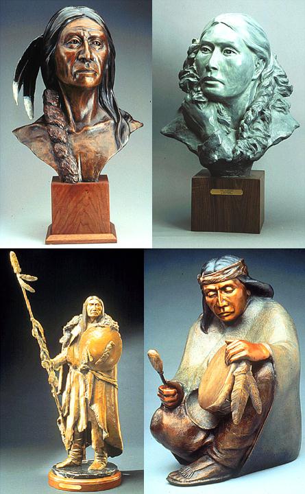 Martha Pettygrew sculptures: lost horizons [Oglala Sioux], the parting, northern warrior & the drummer
